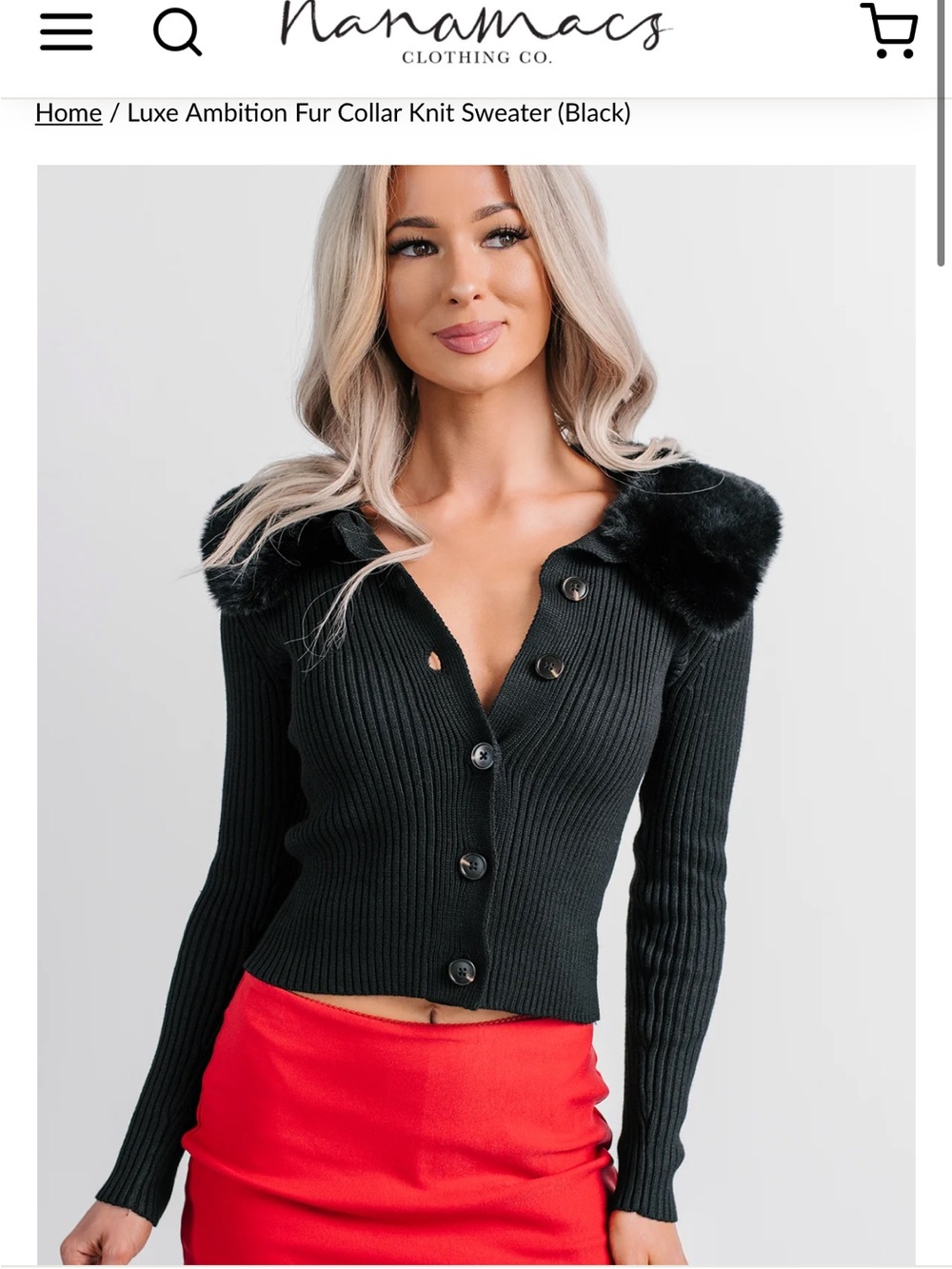 NanaMacs Black Ribbed Button-Up Sweater with Faux Fur Collar